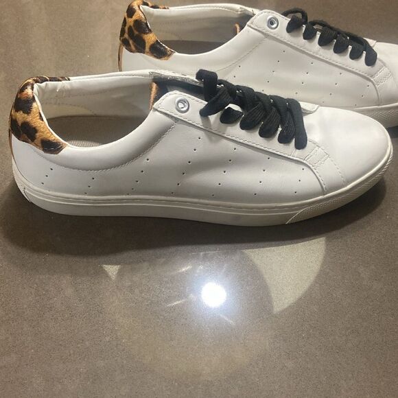 J. Crew Sneakers Women's Size 8.5 White/Leopard Print L7197 Lace Up Leather Shoe - Picture 2 of 7